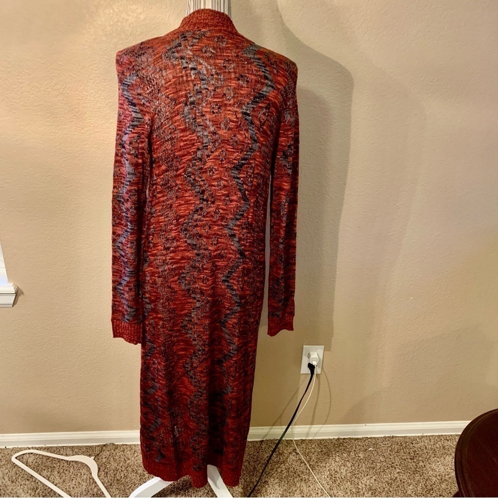 Cato Cardigan Small Open Duster Burgundy Grey Geometric Pattern Ribbed Trim - Picture 9 of 15